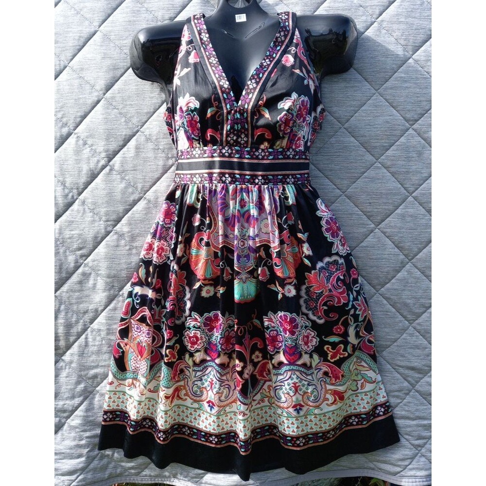 Vintage 1980s ICE Satin Sleeveless Dress Sz 8P Boho Retro Floral Garden Wedding